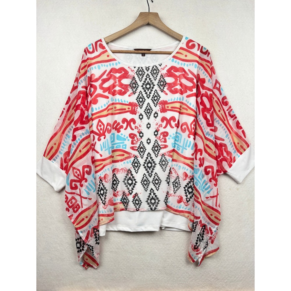 Multiples Poncho‎ Top Womens XL Sheer Tribal Print Southwestern